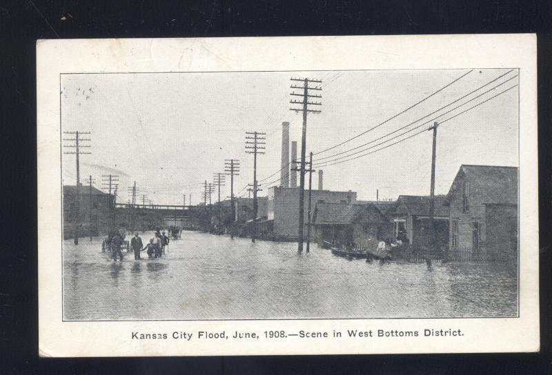 KANSAS CITY MISSOURI 1908 FLOOD DISASTER STREET SCENE ANTIQUE OLD POSTCARD MO