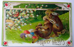 Easter Postcard Fantasy Hugging Romantic Bunny Rabbits Robin Germany Gel 0610