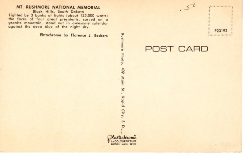 Vintage Postcard- Mt. Rushmore National Memoria Black Hills SD illuminated