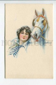 422909 ART DECO Woman Rider HORSE by BERTIGLIA vintage PC