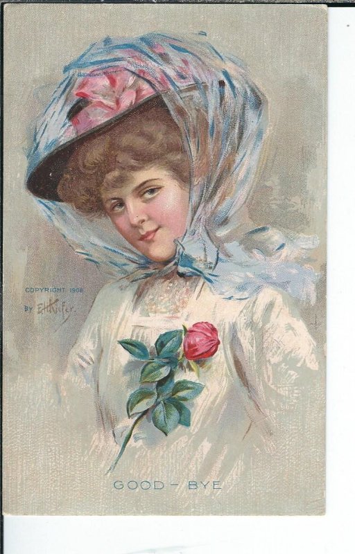 AX-028- Good Bye, artist E.H. Kiefer, Golden Age Postcard, 1907-1915 Vintage