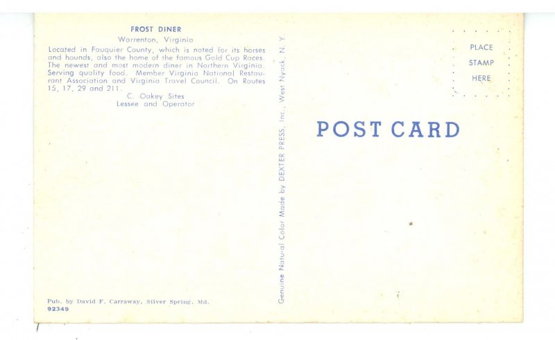 VA - Warrenton. Frost Diner ca 1955 Interior & Exterior Views