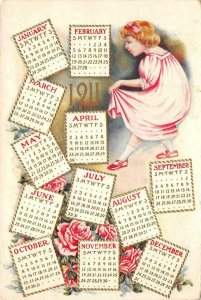 1911 Calendar Little Girl Roses Embossed Greetings Vintage Postcard