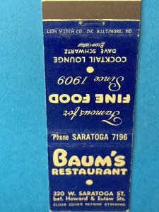 Matchbook Cover Baum's Restaurant Baltimore Saratoga St MB160