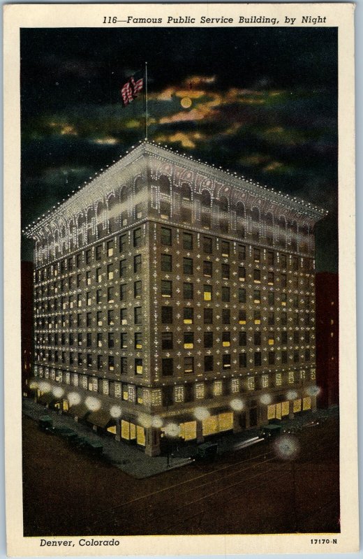 c1940s Denver, CO Public Service Building Night Illuminated Lights Postcard