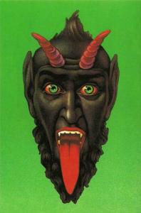 Krampus Devil Demon Face on Green Background Repro Postcard