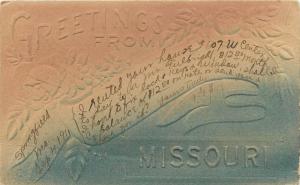 Greetings from Missouri MO embossed and airbrushed pm 1911 Postcard