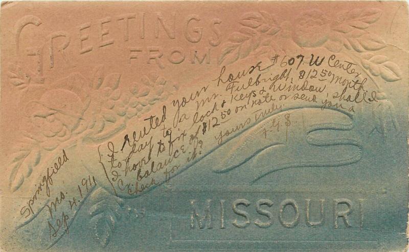 Greetings from Missouri MO embossed and airbrushed pm 1911 Postcard