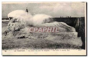 Treport - La Jetee one day storm lighthouse - lighthouse - Old Postcard