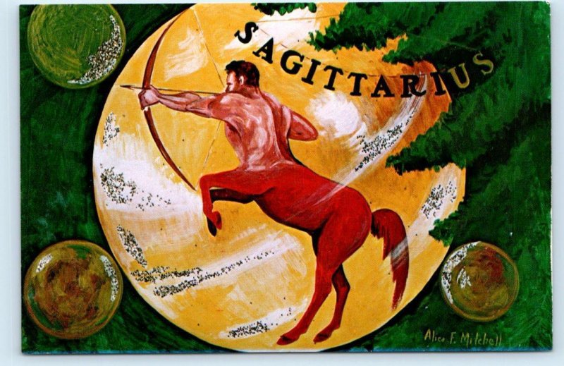 SAGITTARIUS Zodiac Sign ~ ALICE F. MITCHELL Art 1960s-70s Astrology Postcard