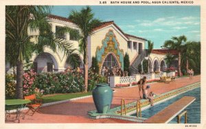 Agua Caliente Mexico, Bath House & Swimming Pool Guests Vintage Postcard c1930