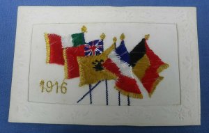 WW1 EMBROIDERED SILK POSTCARD 1916 FLAGS 