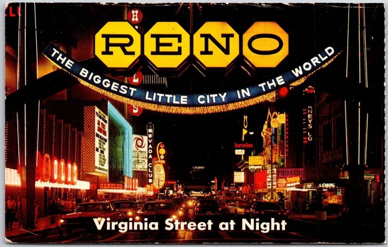 Virginia Street at Night Biggest Little City in the World Reno Nevada Postcard