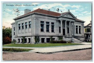 1920 Carnegie Library Building Dirt Road Stairs Jacksonville Illinois Postcard