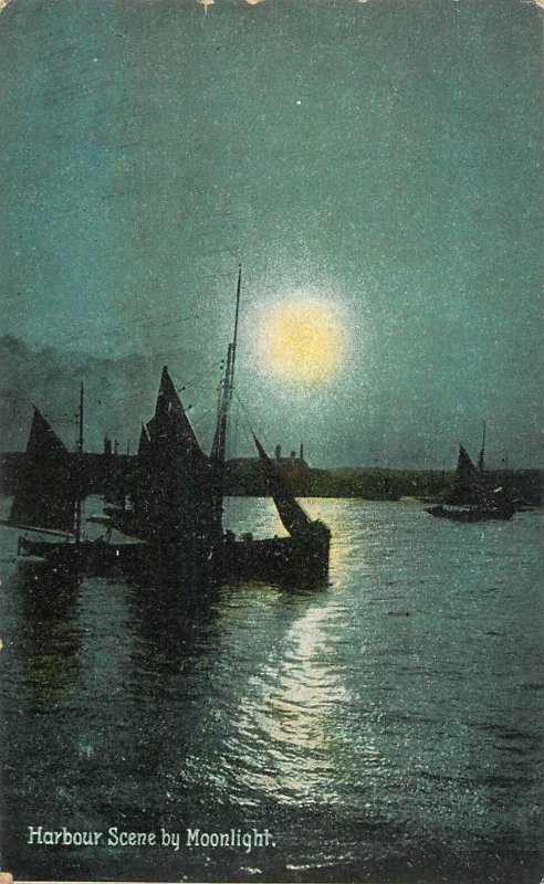 UK England sail & navigation themed postcard moonlight harbor sailing vessel