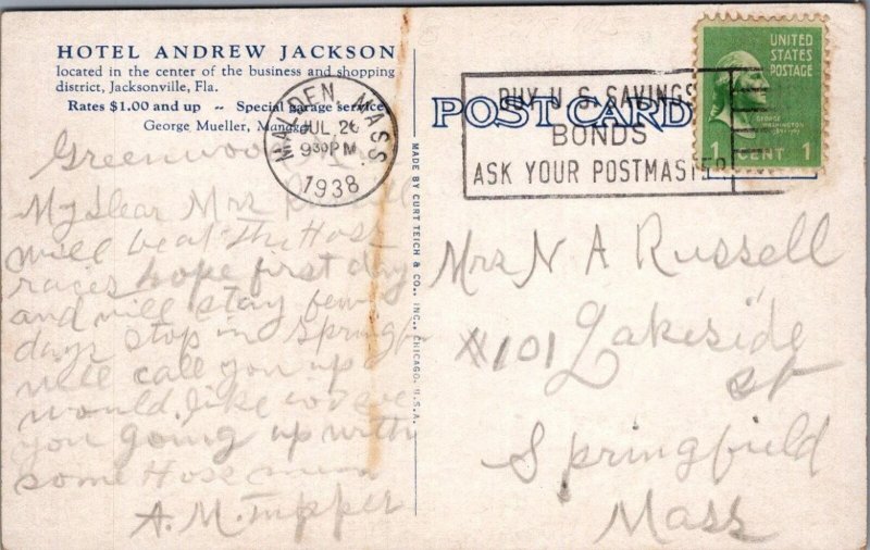 Postcard Hotel Andrew Jackson Jacksonville FL 1938