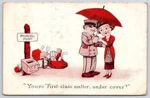 1913 You're First Class Matter Under Cover Postman Woman under Umbrella Postcard