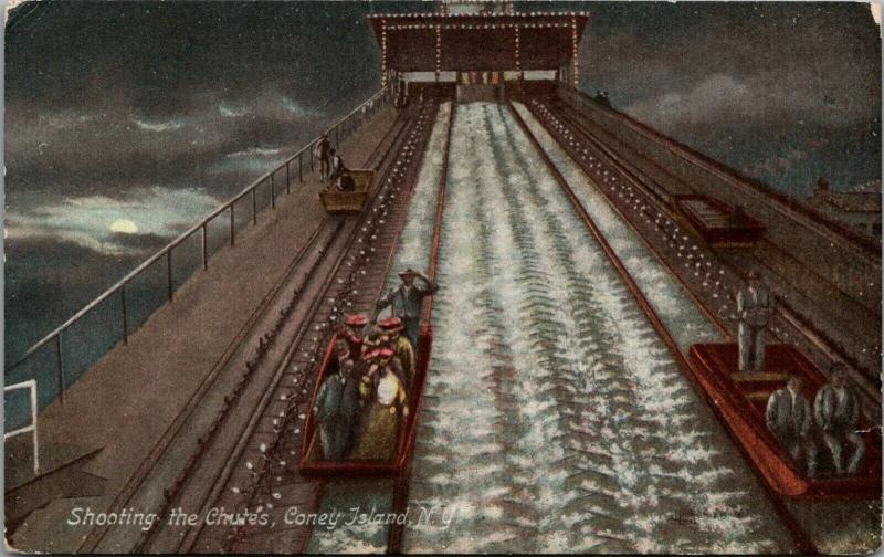 Coney Island NY~Night Lights~Shooting the Chutes~Close Up Riders~c1910 Artist PC 