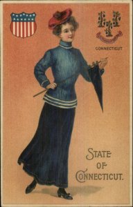 Langsdorf & CO Beautiful State Women w/Crest Postcard CONNECTICUT