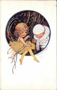 Flora White Art Deco Little Dancer Pierrot Clown Harlequin Vintage Postcard