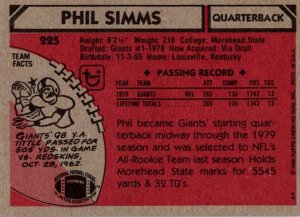 1980 Topps Football Card Phil Simms QB New York Giants sun0061