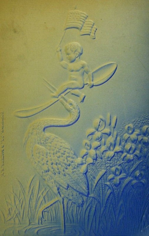 C.1907 Airbrushed Embossed Stork Spoon Baby Flag Postcard P95