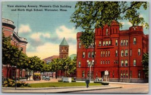 Worcester Massachusetts 1940s Postcard Armory Women's Club And High School