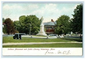 1907 Soldier Monument And Public Library Watertown Massachusetts MA Postcard 