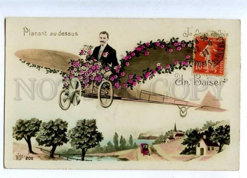 203338 FRANCE man on AIRPLANE 1911 year RPPC ATR DECO