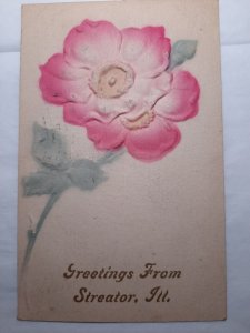 Postcard IL Streator greetings heavy emboss flower