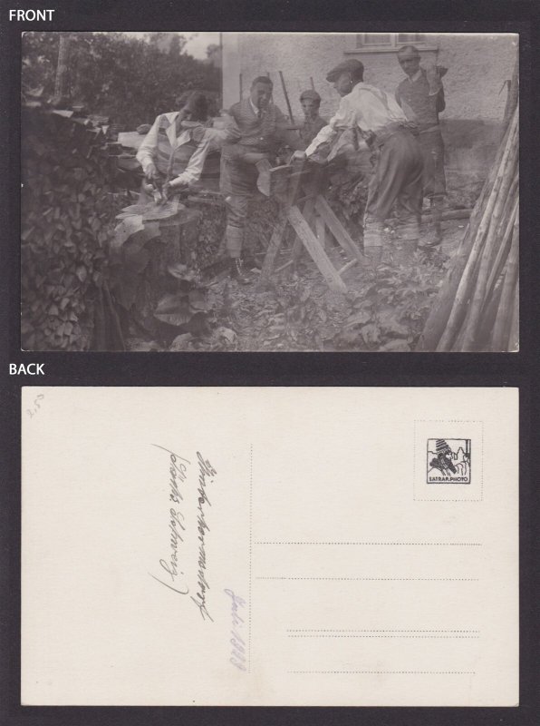GERMANY 1929, RPPC postcard, People sawing wood