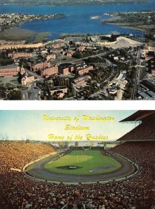 2~Postcards Seattle UNIVERSITY OF WASHINGTON Bird's Eye View & Stadium~Huskies