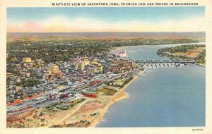 DAVENPORT, Iowa IA    CITY~DAM~BRIDGE Bird's Eye View   ca1940's Linen Postcard
