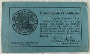 The Grand Lodge of Kansas Grand Secretary’s Certificate Vintage Card Dec 1940