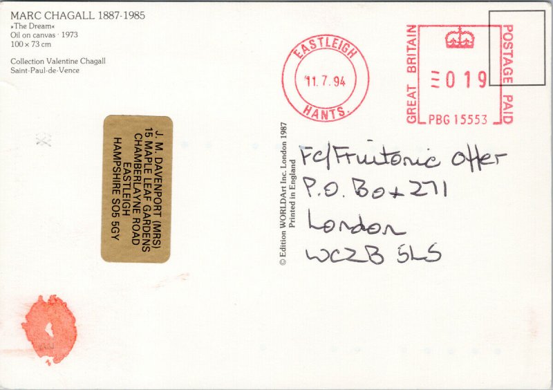 Marc Chagall 'The Dream' Art Postcard C6