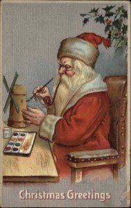 Christmas Santa Claus Painting Windmill c1910 Vintage Postcard