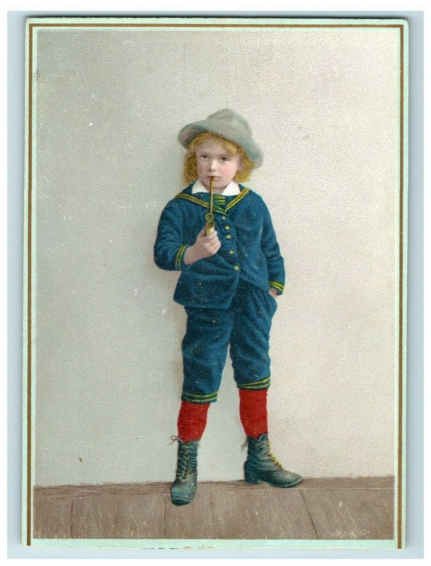 1880s Victorian Card Adorable Child Blue Suit Smoking Pipe *M