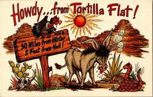 Howdy from Tortilla Flat AZ Superstition Mountains Vintage Postcard F77
