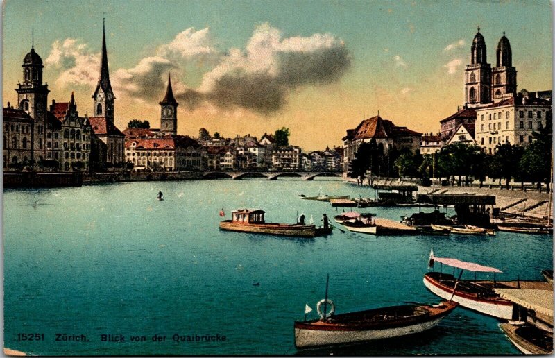 Vtg Zurich Switzerland Blick von der Quaibrucke Postcard