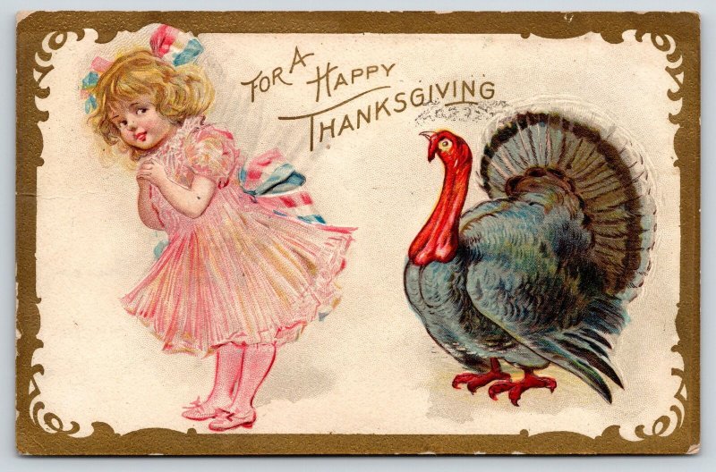 Thanksgiving~Turkey & Lil Blond Girl~Frilly Pink Dress~Patriotic Sash~Gold NASH 