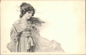 R Auer Beautiful Woman with Stars Art Nouveau c1910 Vintage Postcard