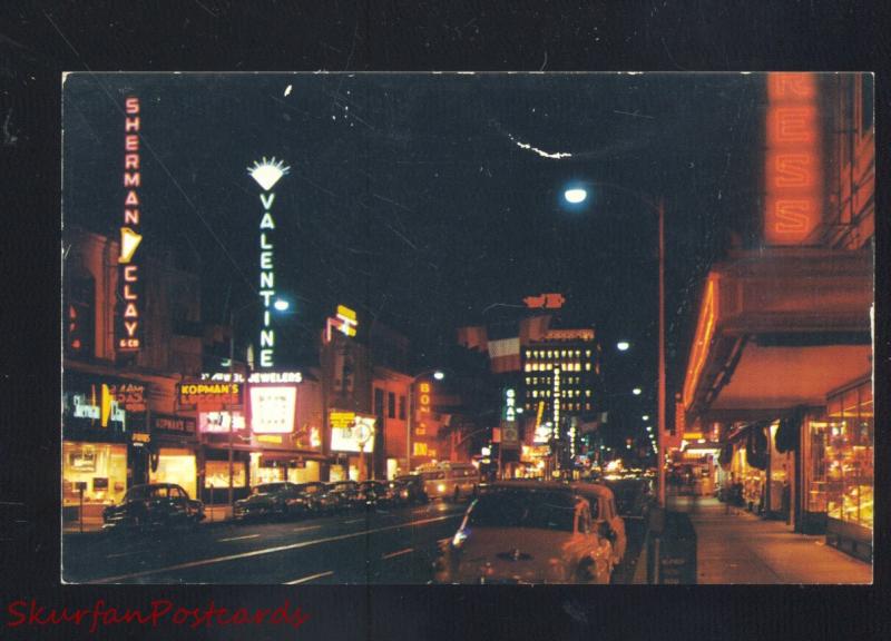 FRESNO CALIFORNIA DOWNTOWN STREET SCENE AT NIGHT VINTAGE POSTCARD