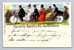 WEDDING CYCLIST BIKES COMIC GERMANY COURIER PRIVATE POST STAMP POSTCARD 1898