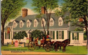 Raleigh Tavern Colonial Coach Williamsburg VA Virginia Linen Postcard UNP VTG