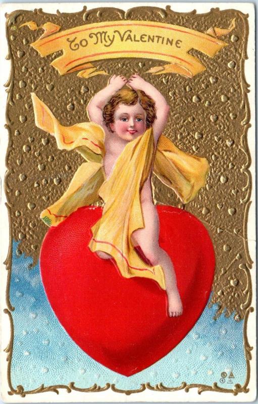 VALENTINE  GREETING   Postcard  Embossed  CUTE KID HEART Gold Background  c1910s 