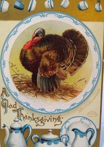 Thanksgiving Postcard Ellen Clapsaddle Turkey Flow Blue China Cups Plates Teapot