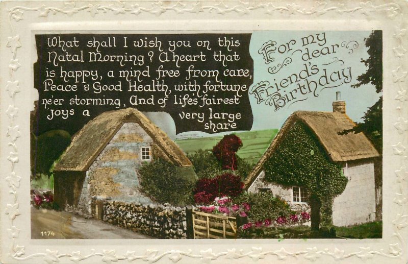 Postcard Greetings flower house birthday village