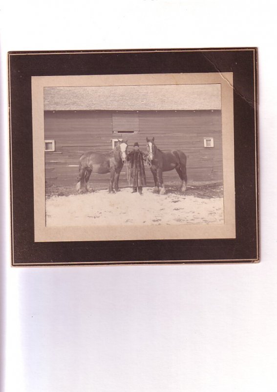 Two Horses in Front of Barn, Man in Fur Coatm Vintage Photograph on Thick Board