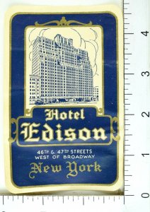 1930's-40's Hotel Edison New York Art Deco Luggage Label Vintage Original E3