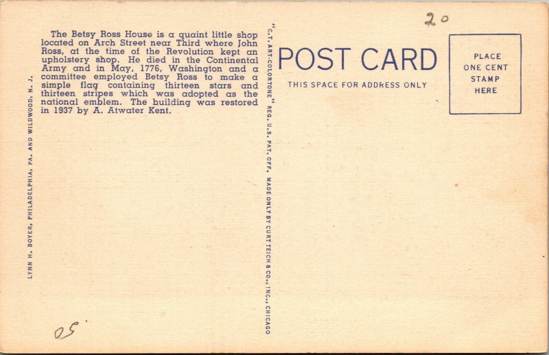 Vtg 1930's Betsy Ross House American Flag Philadelphia Pennsylvania PA Postcard